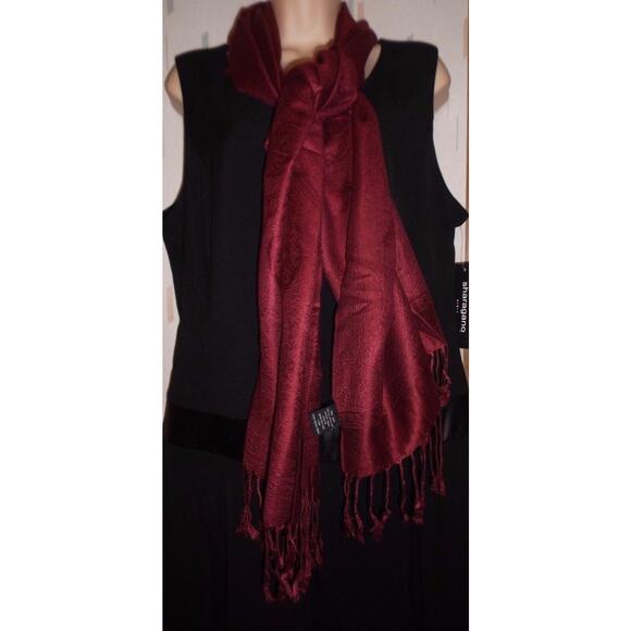 Fringed Shawl Scarf Stole Elegant Burgundy Wine Jacquard Viscose Acrylic Blend - Picture 1 of 4